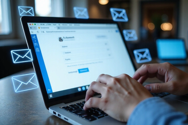 A person typing on a laptop with a contact form on the screen, surrounded by digital communication icons
