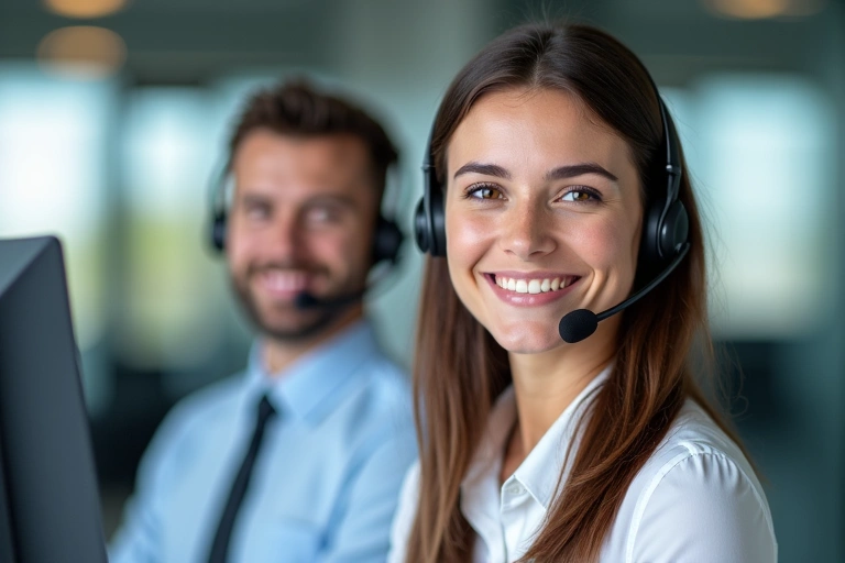 Two friendly customer service representatives smiling and ready to assist