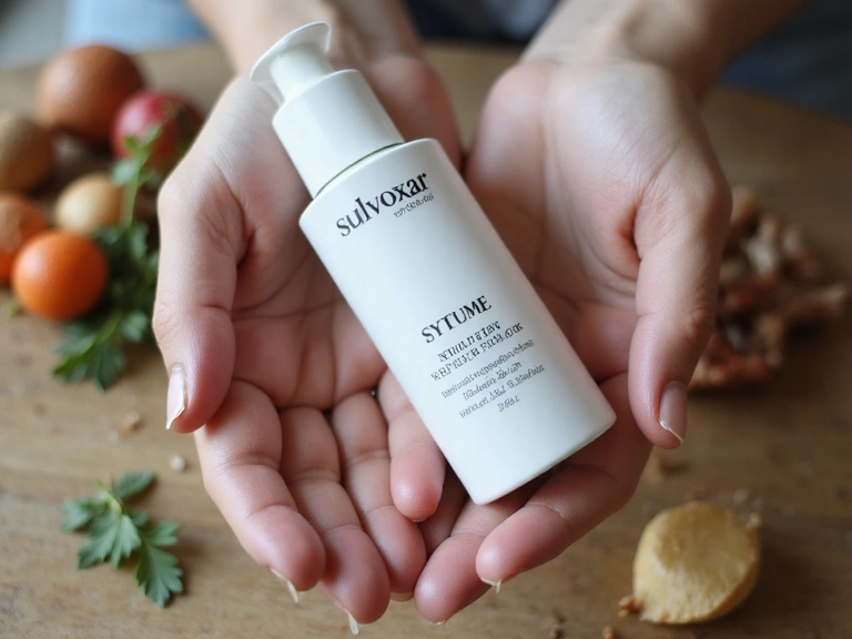 A close-up of hands holding a Sulvoxar product bottle, with blurred natural ingredients in the background.