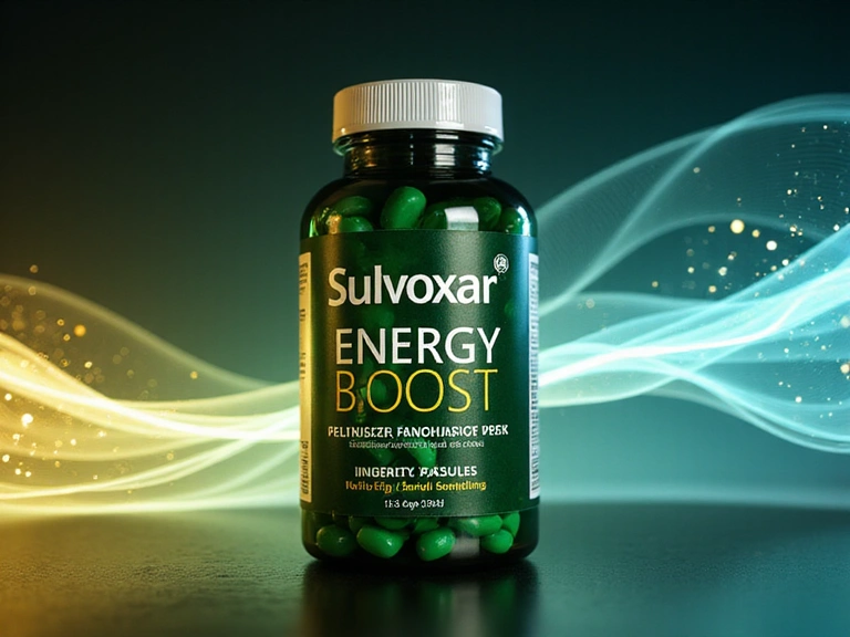 A bottle of Sulvoxar Energy Boost capsules with a vibrant, energetic background.